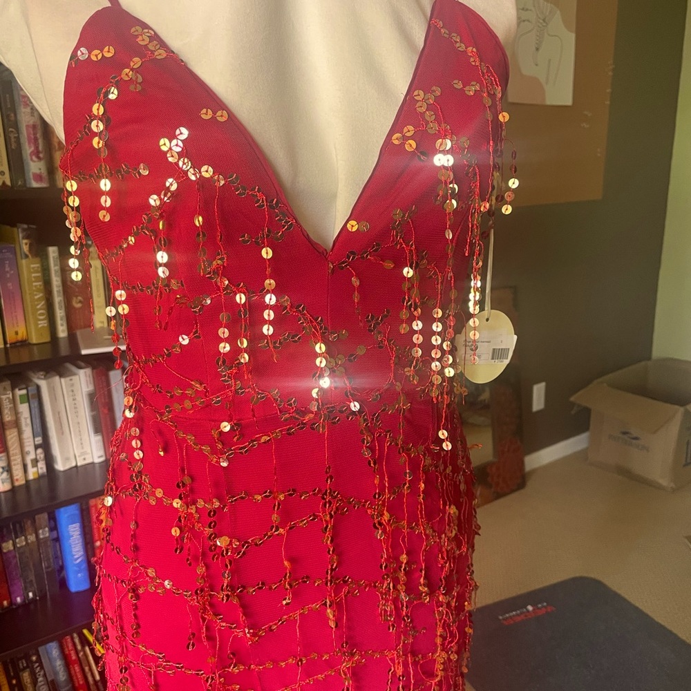 NWT red dress with gold sequin fringe and sheer mermaid skirt
